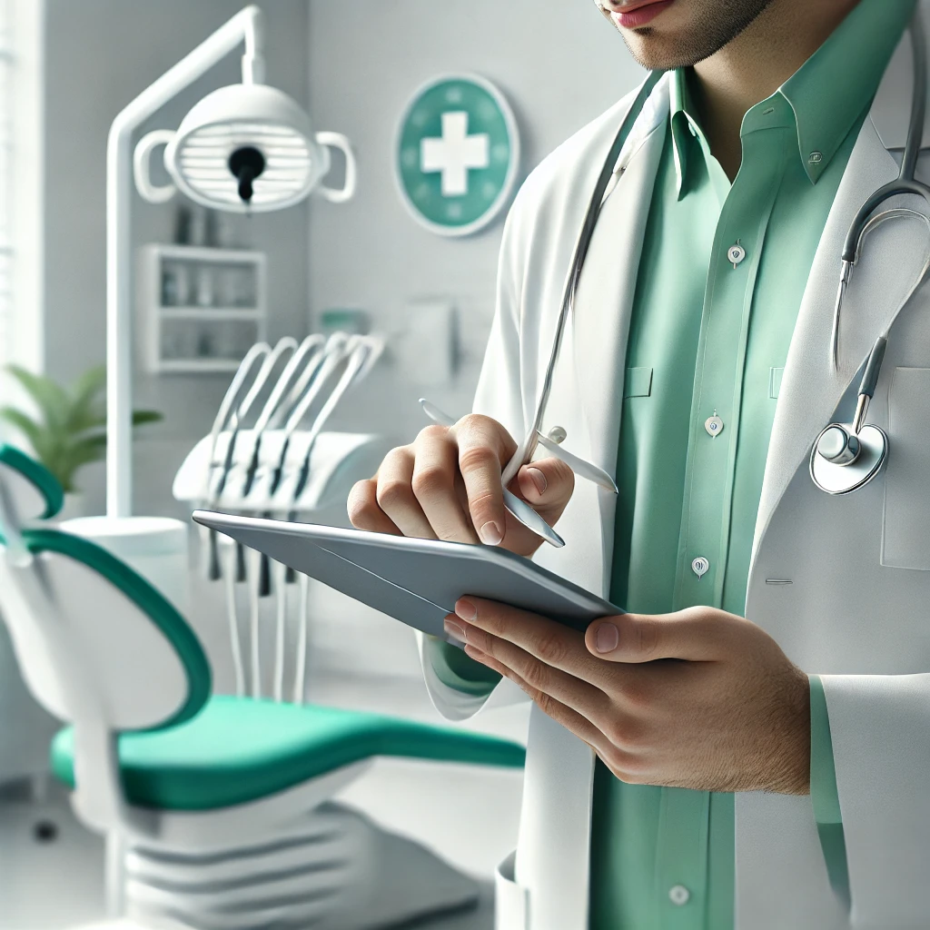 Dall·e 2024 12 12 14.30.02 A Realistic Image Of A Healthcare Professional, Such As A Doctor Or A Dentist, Wearing A Shirt In Green Or Aqua Green Tones, Using A Tablet Or Smartph - R.Monteiro